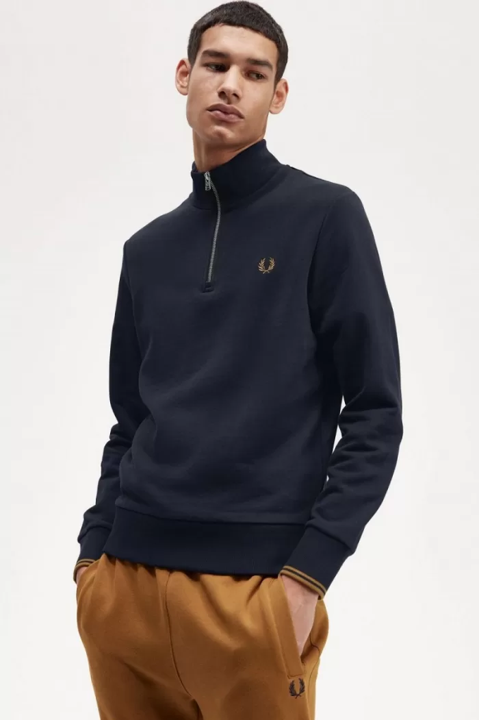 Fred Perry Half Zip Men’s Sweatshirts Navy Dark Coffee KADUN1058