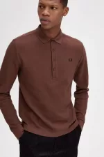 Fred Perry Honeycomb Cotton Long Sleeve Men’s Polo Shirt Whisky Brown CRSBD5321