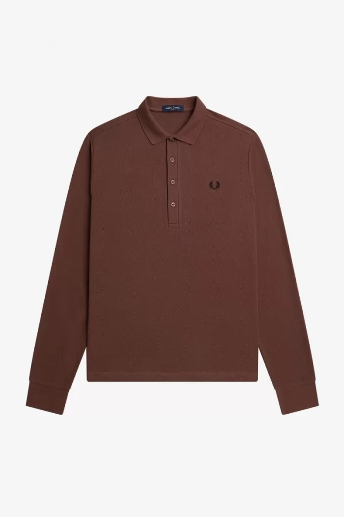 Fred Perry Honeycomb Cotton Long Sleeve Men’s Polo Shirt Whisky Brown CRSBD5321