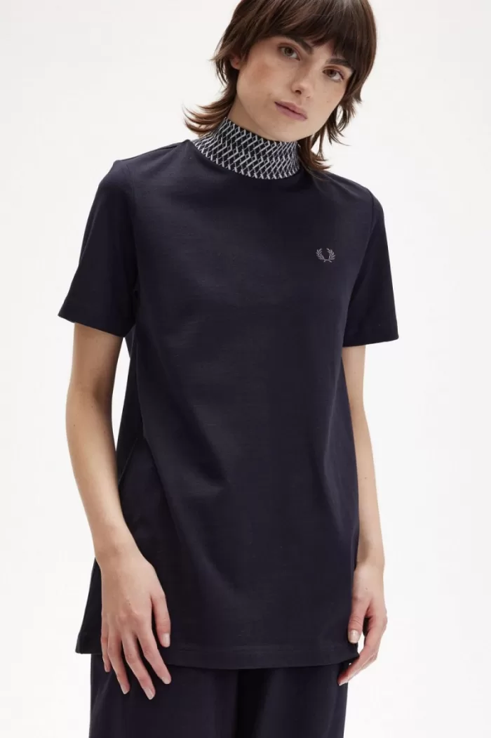 Fred Perry Jacquard Trim High Neck Women’s T-Shirt Navy KVHMD6523