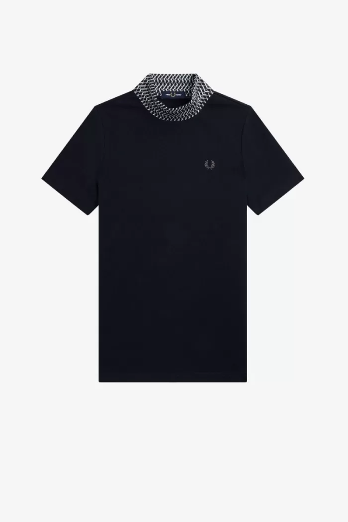 Fred Perry Jacquard Trim High Neck Women’s T-Shirt Navy KVHMD6523