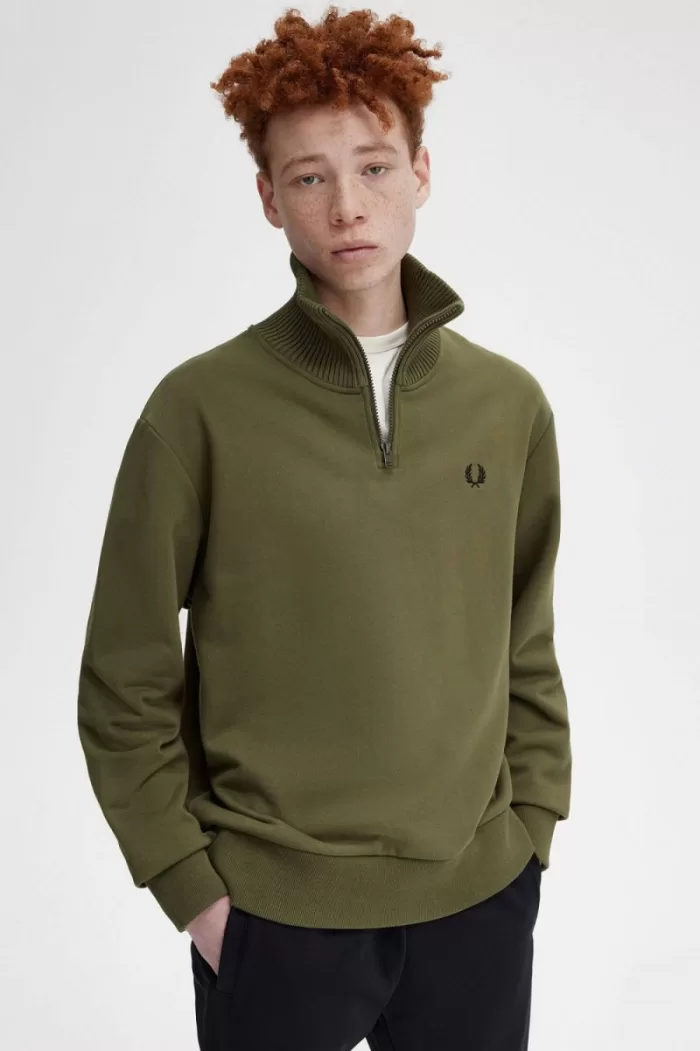 Fred Perry Knitted Trim Zip Neck Men’s Sweatshirts Uniform Green GUAML4570