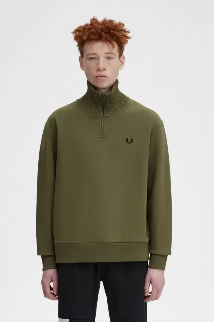 Fred Perry Knitted Trim Zip Neck Men’s Sweatshirts Uniform Green GUAML4570