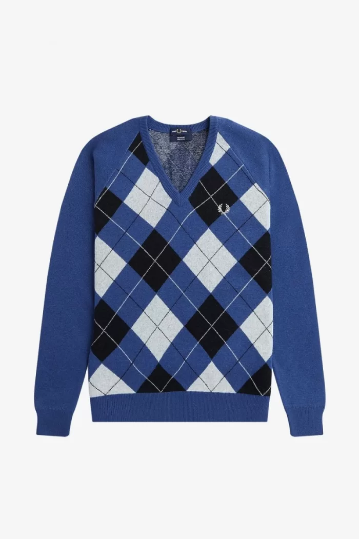 Fred Perry Lambswool Argyle V-Neck Men’s Jumper Cobalt PVNRD7345