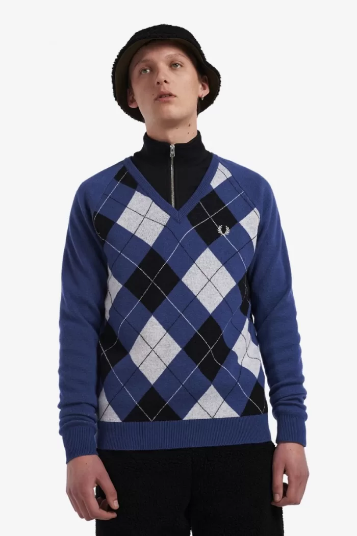 Fred Perry Lambswool Argyle V-Neck Men’s Jumper Cobalt PVNRD7345