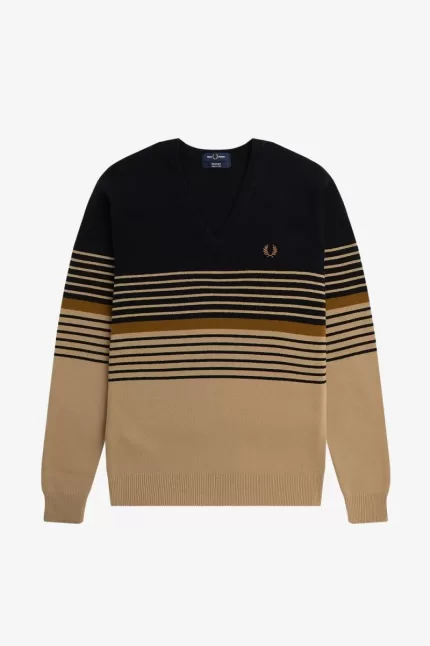 Fred Perry Lambswool Striped Men’s Jumper Khaki EVLGH9038