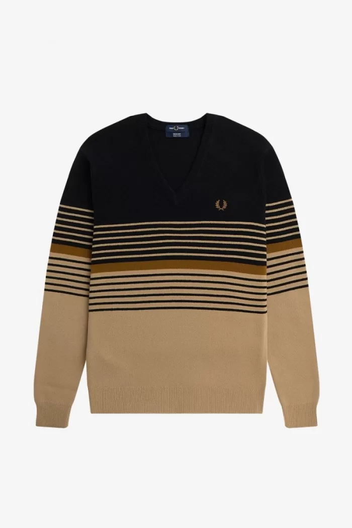 Fred Perry Lambswool Striped Men’s Jumper Khaki EVLGH9038