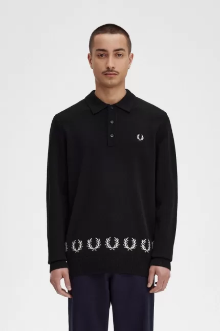 Fred Perry Laurel Wreath Trim Knitted Men’s Shirt Black YXOZF2481