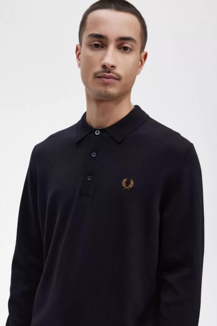 Fred Perry Long Sleeve Knitted Men’s Shirt Navy VCFQY3284