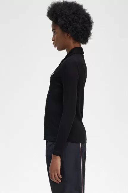 Fred Perry Long Sleeve Ribbed Women’s Polo Shirt Black IXAGH0539