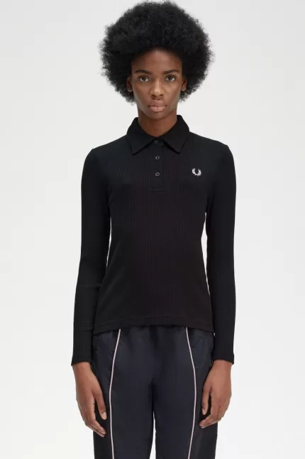 Fred Perry Long Sleeve Ribbed Women’s Polo Shirt Black IXAGH0539