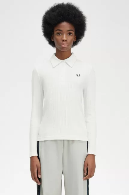 Fred Perry Long Sleeve Ribbed Women’s Polo Shirt Snow White MPDJW6439