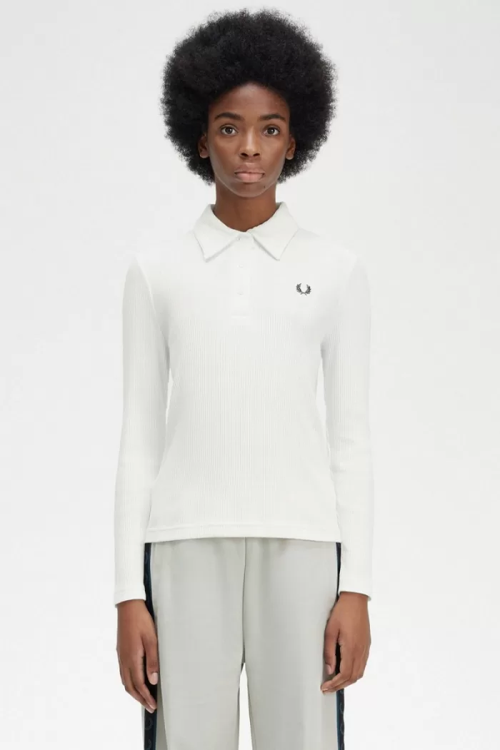 Fred Perry Long Sleeve Ribbed Women’s Polo Shirt Snow White MPDJW6439