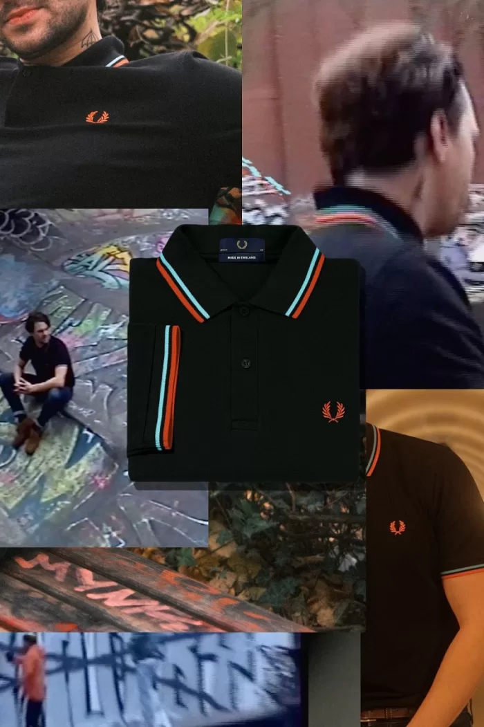 Fred Perry M12 Men’s Shirt Black Hamburg Sky Blue Orange Spray Paint KPDRW7490