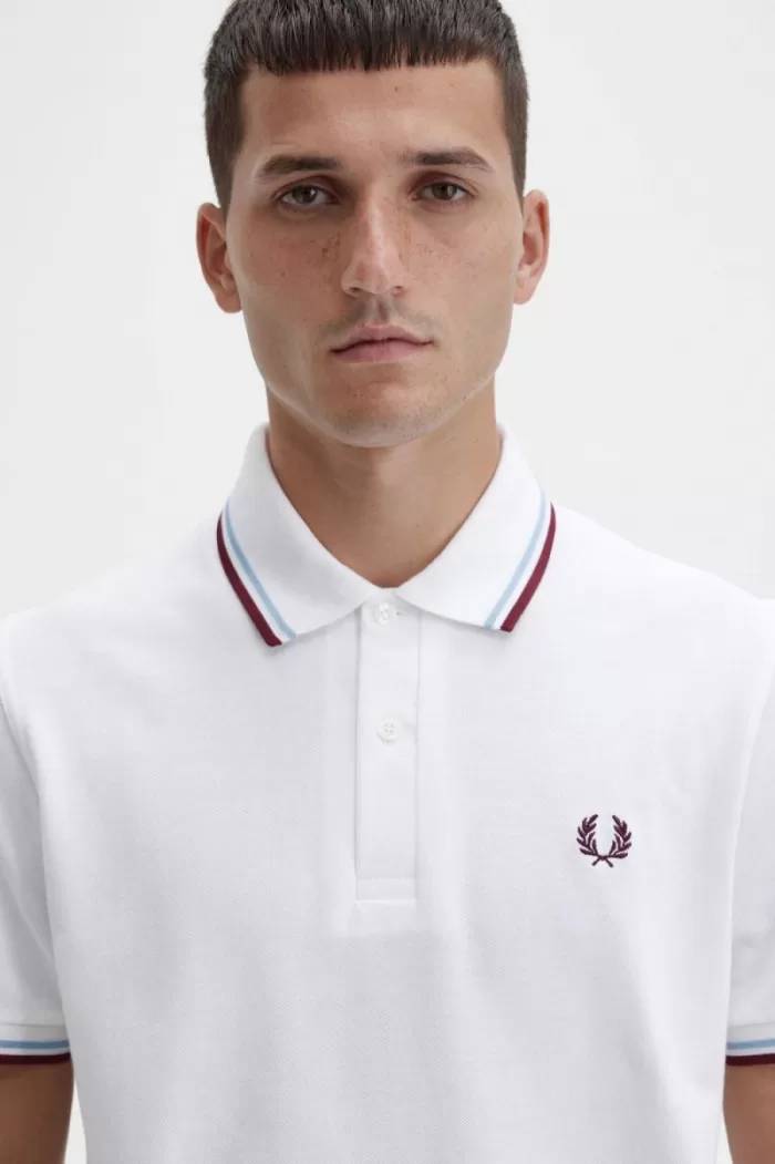 Fred Perry M12 Men’s Shirt White Aqua Maroon TOFPB0971