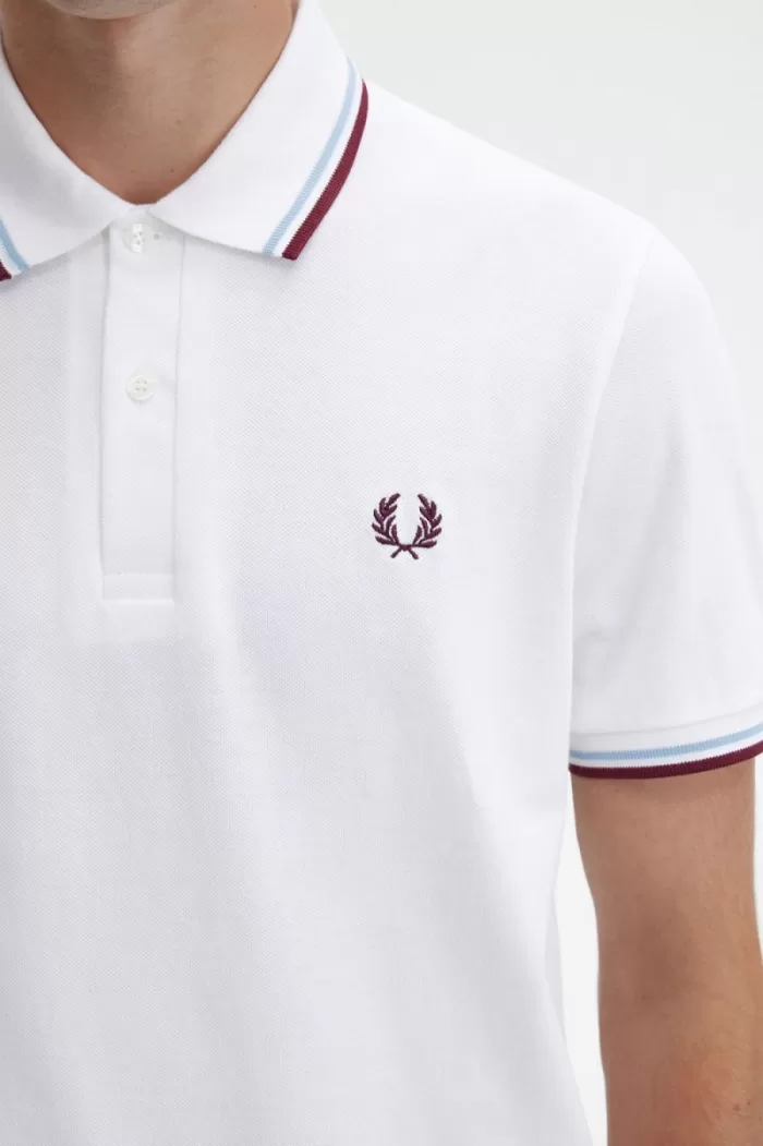 Fred Perry M12 Men’s Shirt White Aqua Maroon TOFPB0971