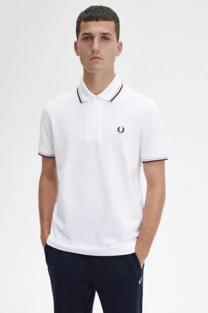 Fred Perry M12 Men’s Shirt White Aqua Maroon TOFPB0971