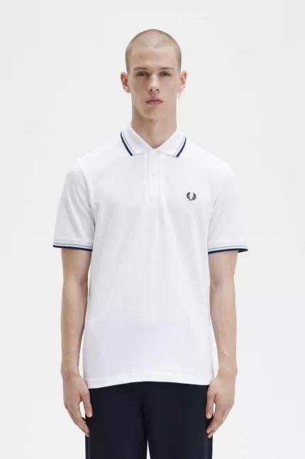 Fred Perry M12 Men’s Shirt White Aqua Navy VWEST8156