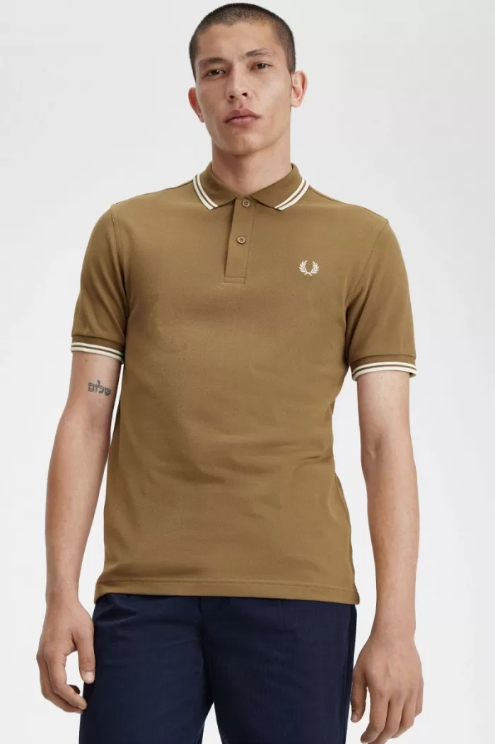 Fred Perry M3600 Men’s Shirt Brown Snow White Beige SMDJA1930