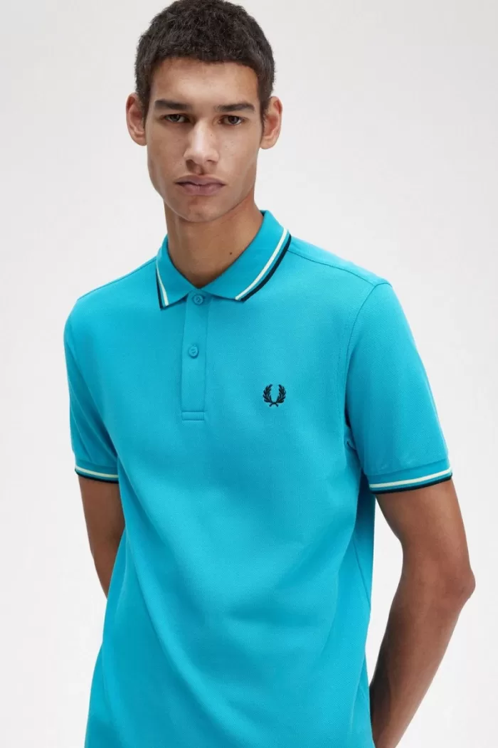 Fred Perry M3600 Men’s Shirt Cyber Blue Aqua Cream Black RIBAJ2439