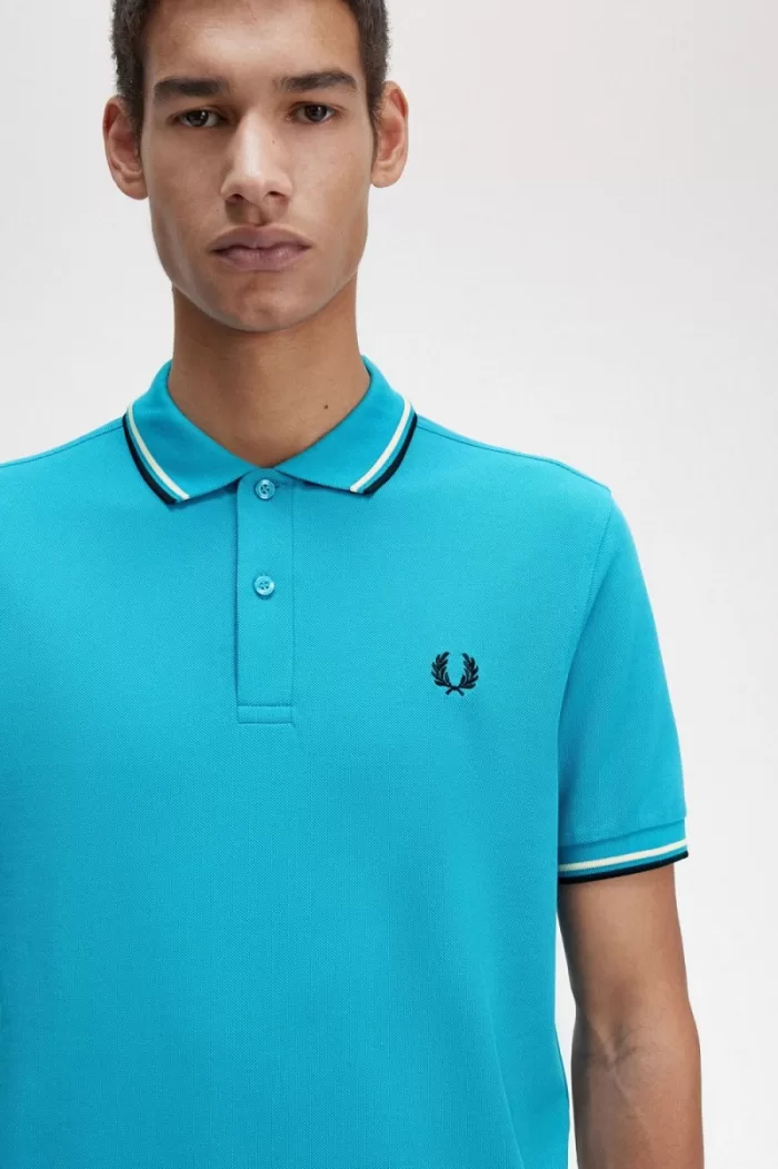 Fred Perry M3600 Men’s Shirt Cyber Blue Aqua Cream Black RIBAJ2439