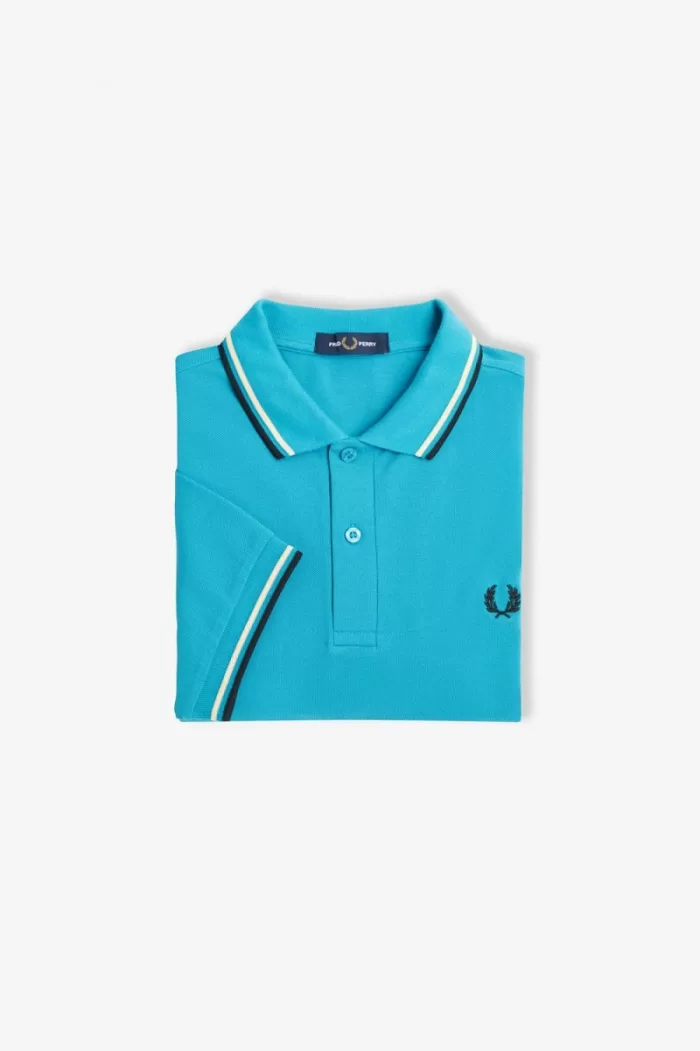 Fred Perry M3600 Men’s Shirt Cyber Blue Aqua Cream Black RIBAJ2439