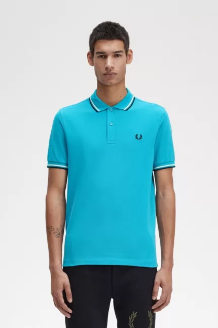 Fred Perry M3600 Men’s Shirt Cyber Blue Aqua Cream Black RIBAJ2439