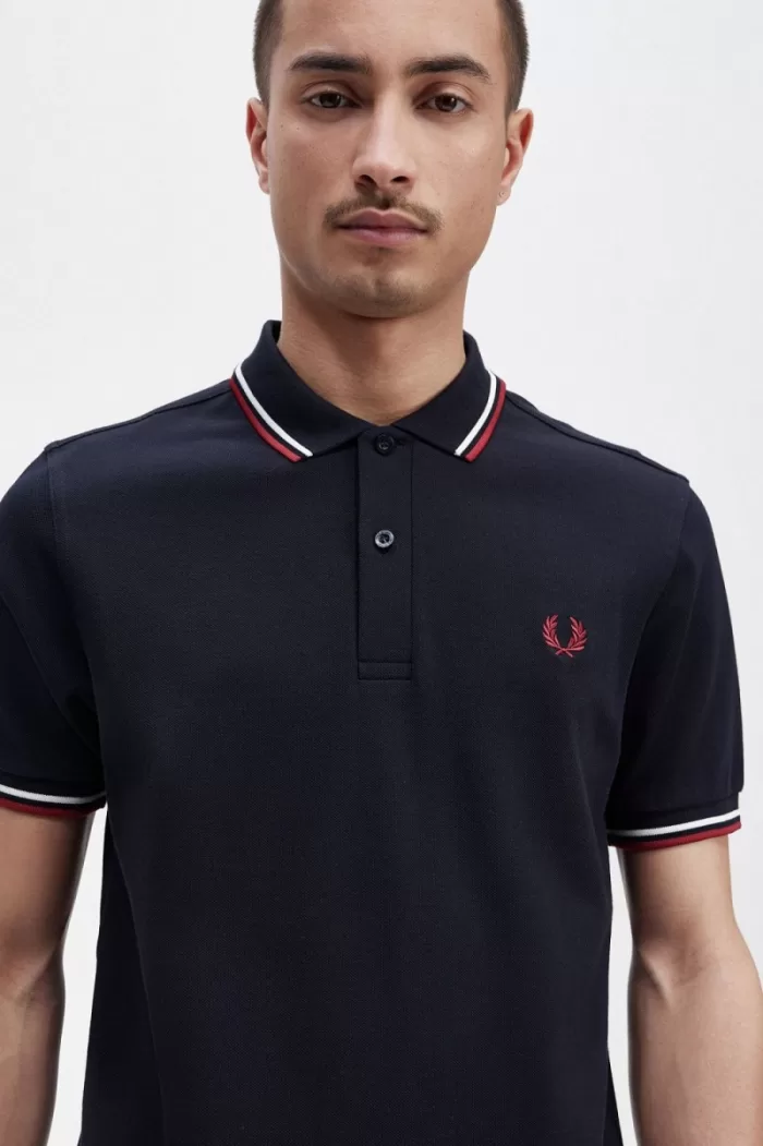 Fred Perry M3600 Men’s Shirt Navy Snow White Burnt Red PFNZE7902