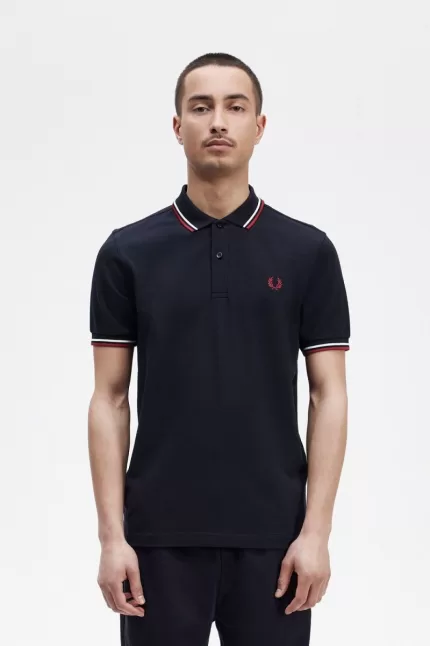 Fred Perry M3600 Men’s Shirt Navy Snow White Burnt Red PFNZE7902