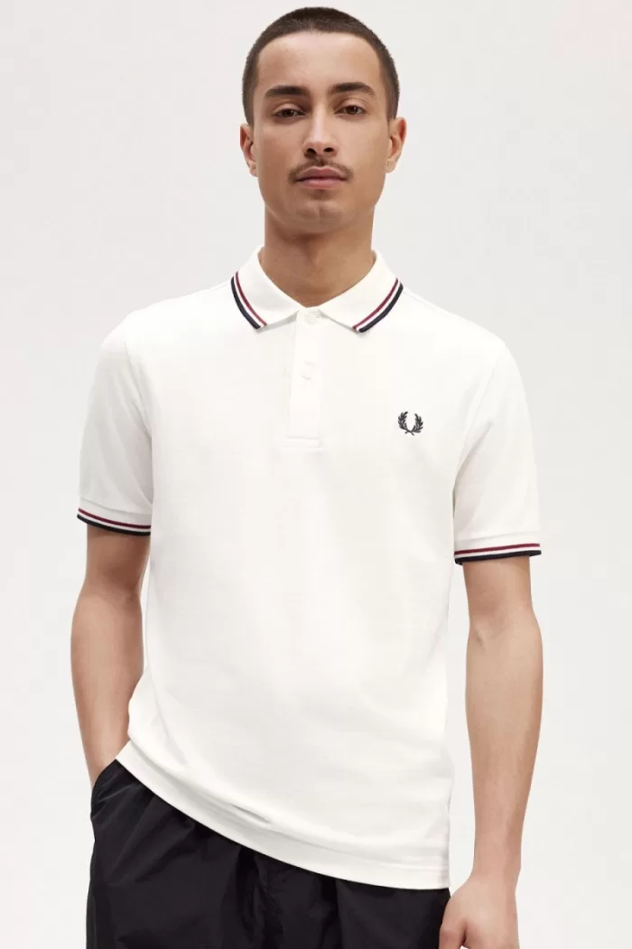 Fred Perry M3600 Men’s Shirt Snow White Burnt Red Navy NYSXV2369