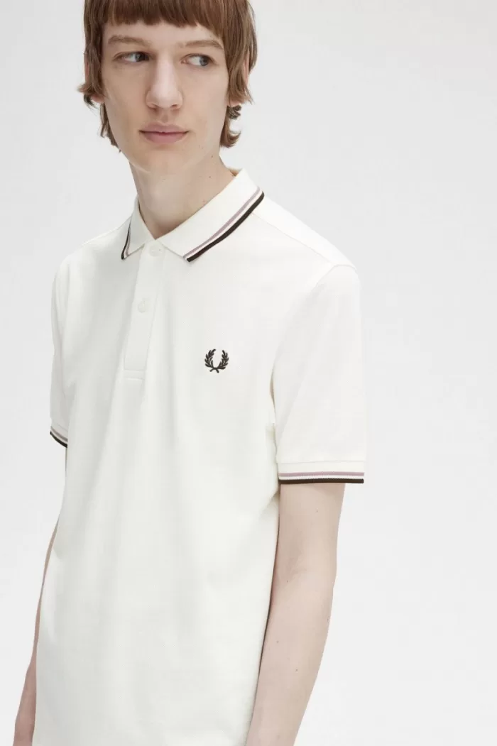 Fred Perry M3600 Men’s Shirt Snow White Deep Pink Burnt Tobacco JYPDN7698