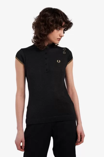 Fred Perry Metallic Knitted Women’s Polo Shirt Black LNBRH2768