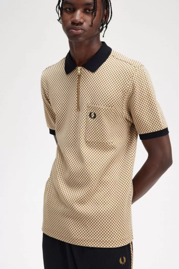 Fred Perry Micro Chequerboard Men’s Polo Shirt Oatmeal Dark Coffee YWLSX3950