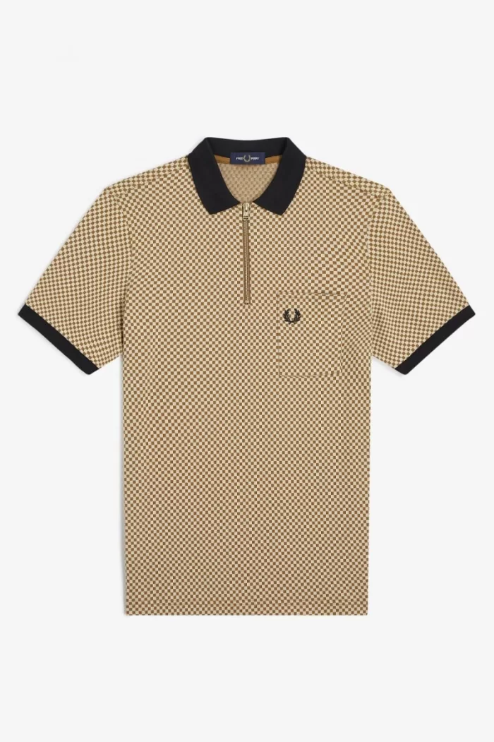 Fred Perry Micro Chequerboard Men’s Polo Shirt Oatmeal Dark Coffee YWLSX3950