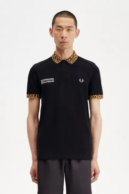 Fred Perry Noongoons Leopard Print Men’s Polo Shirt Black OIHUA3671