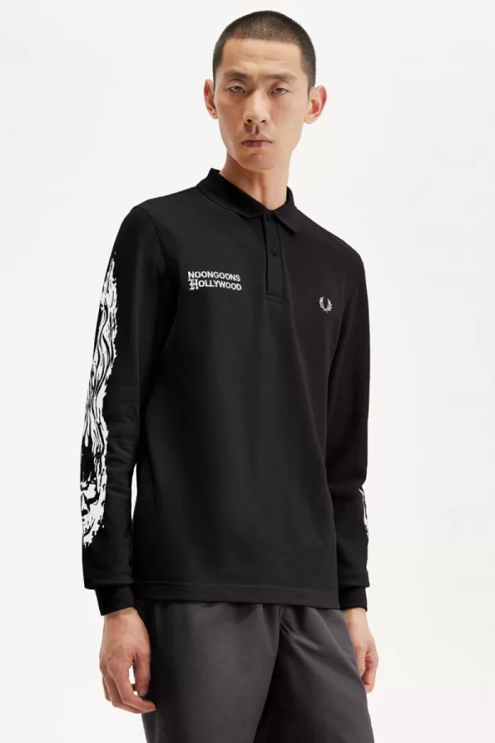 Fred Perry Noongoons Long Sleeve Graphic Men’s Polo Shirt Black AIRVU3176