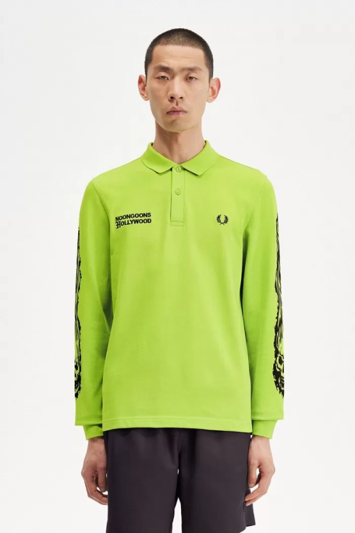 Fred Perry Noongoons Long Sleeve Graphic Men’s Polo Shirt Lime Green HZUFJ4860