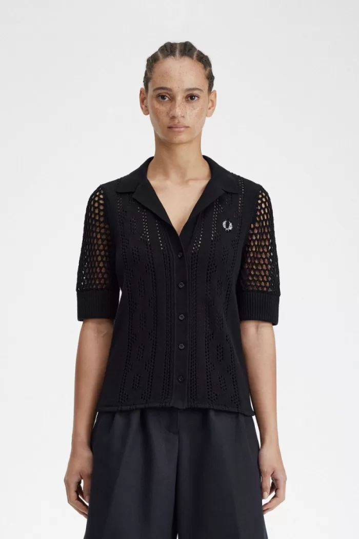 Fred Perry Open-Knit Button-Through Women’s Shirt Black TJRNG7480