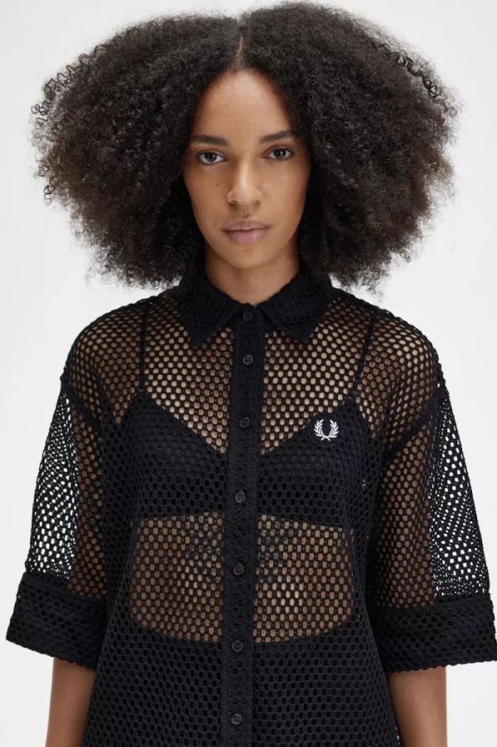 Fred Perry Open-Knit Shirt Women’s Dress Black VZNCE5038