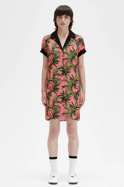 Fred Perry Palm Print Shirt Women’s Dress Coral Heat PCBAX4675