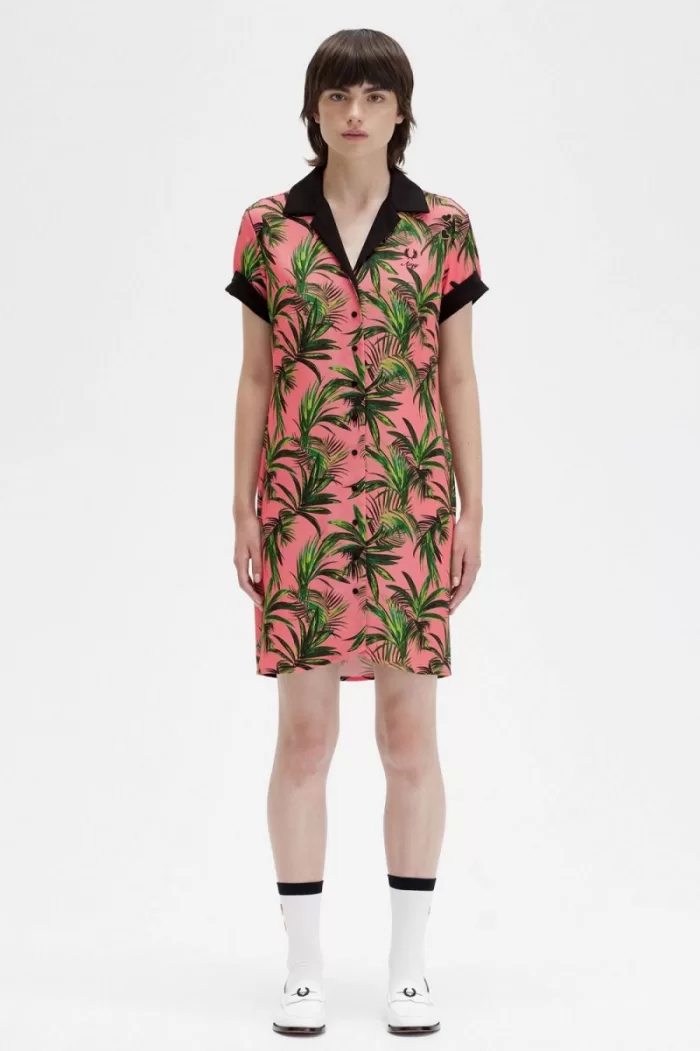 Fred Perry Palm Print Shirt Women’s Dress Coral Heat PCBAX4675