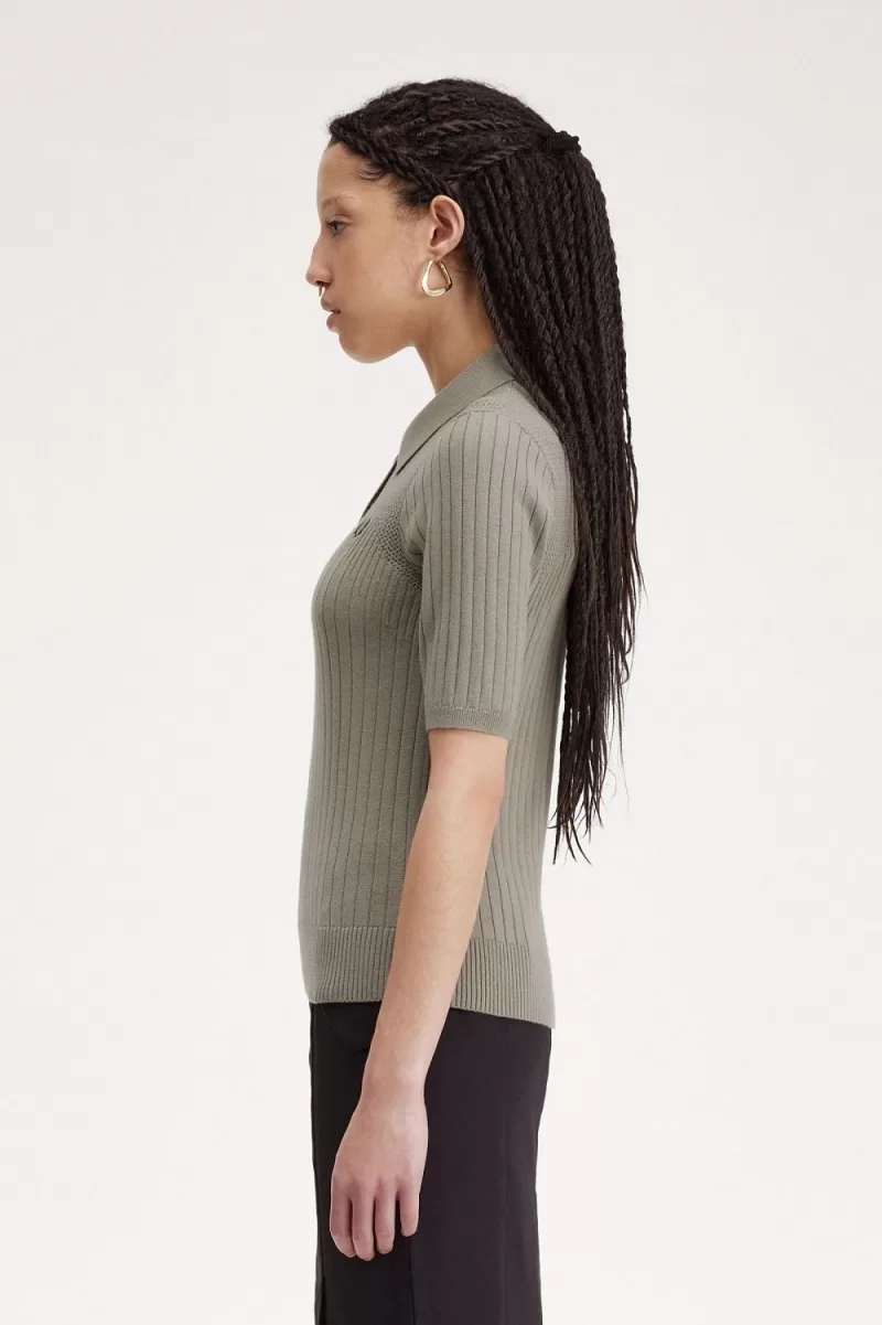 Fred Perry Pointelle Detail Knitted Wome 1056 1 ZOOM - Fred Perry Pointelle Detail Knitted Women's Shirt Warm Grey NYRAM0125