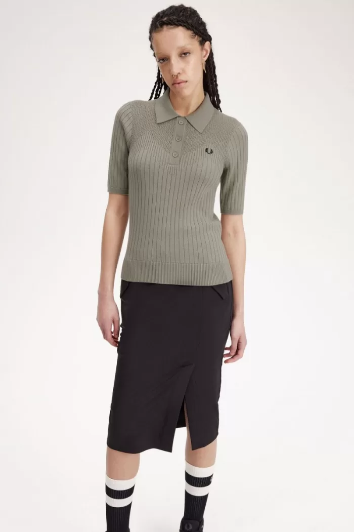 Fred Perry Pointelle Detail Knitted Women’s Shirt Warm Grey NYRAM0125