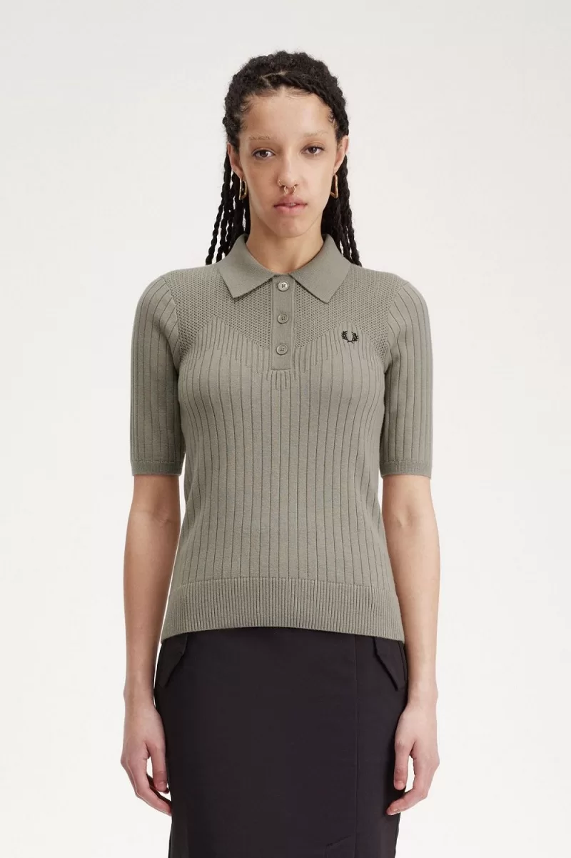 Fred Perry Pointelle Detail Knitted Wome 1056 ZOOM - Fred Perry Pointelle Detail Knitted Women's Shirt Warm Grey NYRAM0125