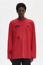 Fred Perry Printed Long Sleeve Men’s T-Shirt Red QKNJW0578