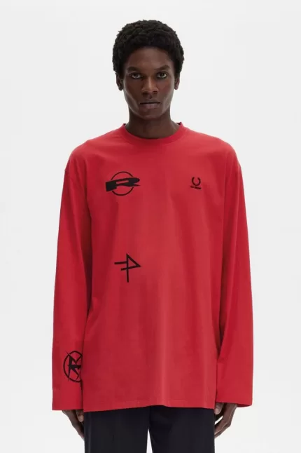 Fred Perry Printed Long Sleeve Men’s T-Shirt Red QKNJW0578