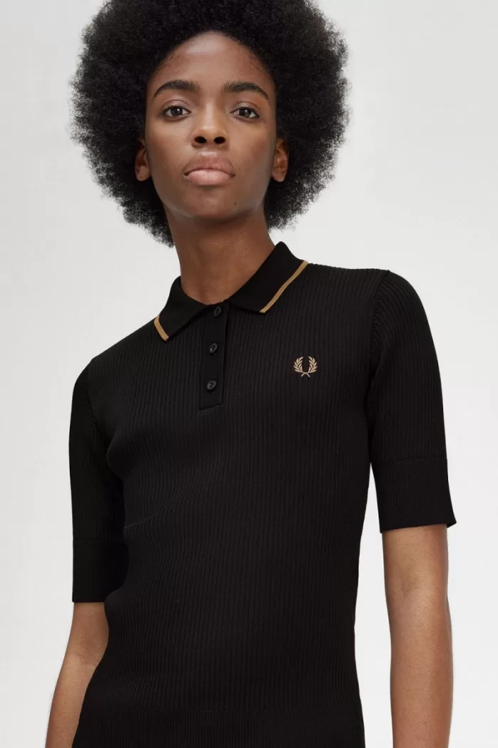 Fred Perry Ribbed Knitted Women’s Shirt Black HIAPG5168