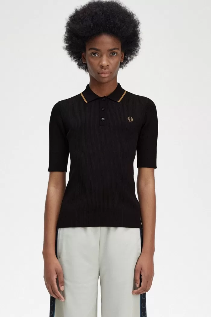 Fred Perry Ribbed Knitted Women’s Shirt Black HIAPG5168