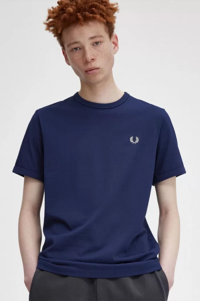 Fred Perry Ringer Men’s T-Shirt French Navy Snow White JPBQG0257