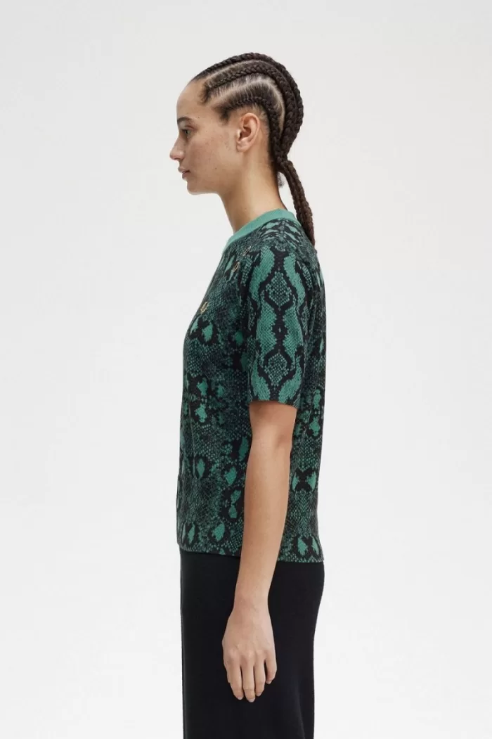 Fred Perry Snake Print Women’s Jumper Deep Mint DWUCG1582